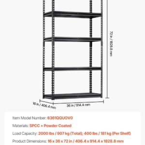 storage shelves 2000 lbs 5 tier heavy duty garage shelving 16 d x 36 w x 72 h adjustable metal shelves for industrial shelving unit utility shelf for kitchen warehouse basement black 3.jpg