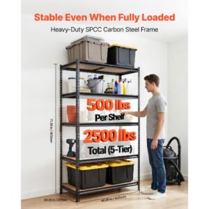storage shelves, 5 tier adjustable, 2500 lbs capacity, heavy duty garage storage shelving unit, metal utility rack shelf, for garage warehouse basement kitchen, 40.35" w x 20.35" d x 71.38" h