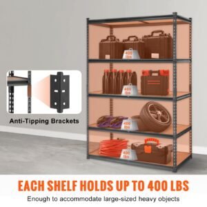 Storage Shelving Unit, 5-Tier Adjustable, 2000 lbs Capacity, Heavy Duty Garage Shelves Metal Organizer Utility Rack, Black, 48" L x 24" W x 72" H for Kitchen Pantry Basement Bathroom Laundry