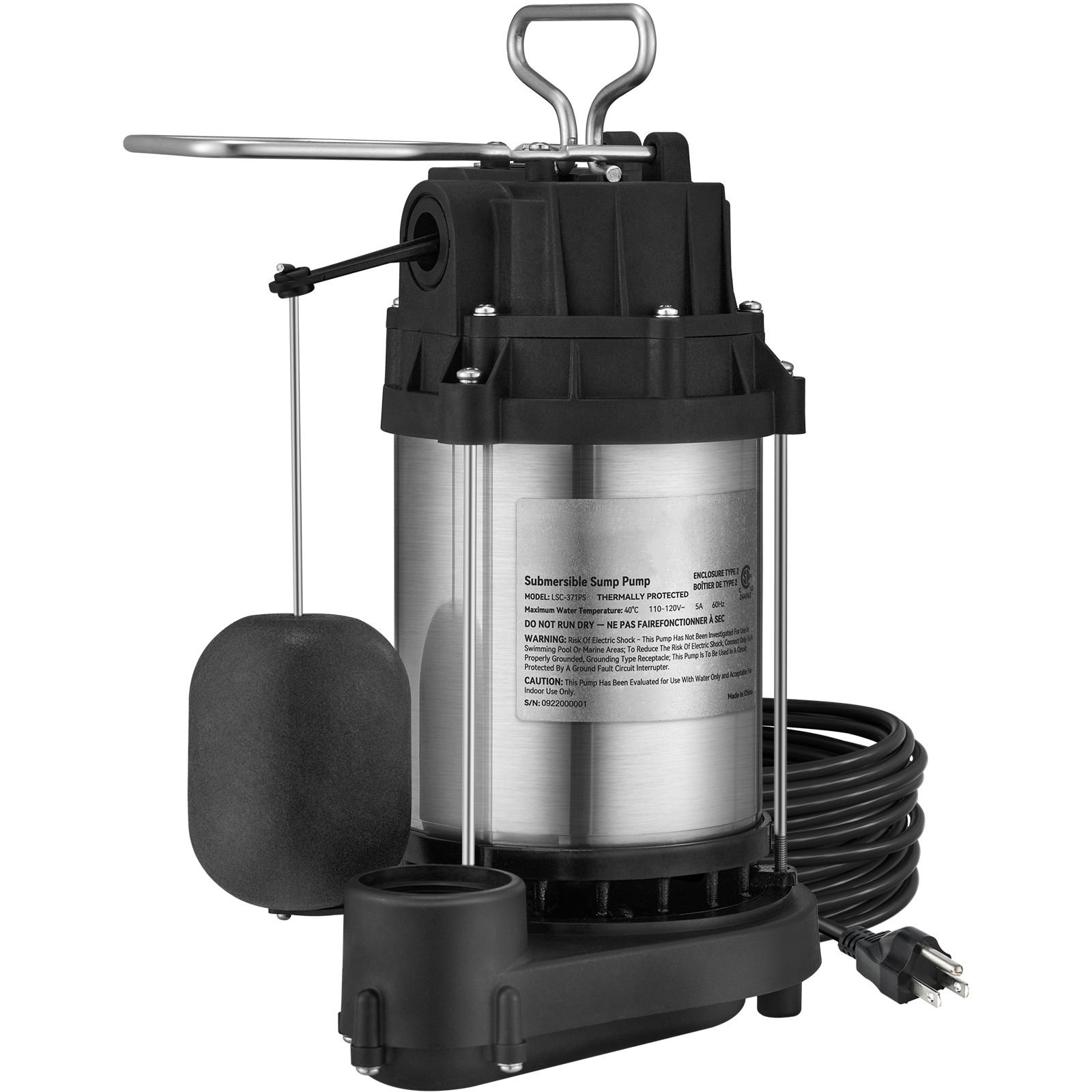 sump pump, 1/2 hp 3960 gph, submersible stainless steel water pump, 1 1/2" npt discharge with 33 ft cord, automatic float switch with piggy back plug, for indoor basement water basin