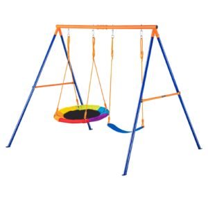 swing sets for backyard 440lbs load capacity swing set with 1 saucer swing seat 1 belt swing seat heavy duty a frame metal swing stand and adjustable rope swingset outdoor for kids.jpg