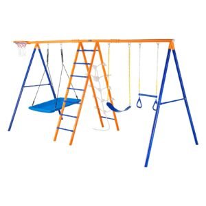 Swing Sets for Backyard, 6 in 1 Swing Set with 2 Swings, Trapeze Bar, Climbing Ladder, Climbing Net, and Basketball Hoop, 440lbs Load Capacity Heavy-Duty Metal Swingset Outdoor for Kids Ages 3+