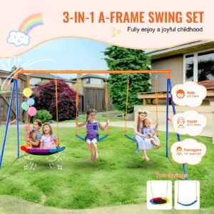 swing sets for backyard 600lbs load capacity swing set with 1 saucer swing seat 2 belt swing seats heavy duty a frame metal swing stand and adjustable rope swingset outdoor for kids 1.jpg