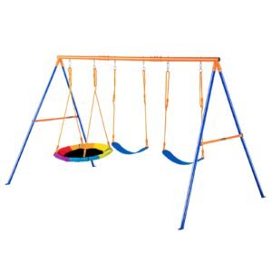 Swing Sets for Backyard, 600lbs Load Capacity Swing Set, with 1 Saucer Swing Seat, 2 Belt Swing Seats, Heavy Duty A-Frame Metal Swing Stand and Adjustable Rope, Swingset Outdoor for Kids