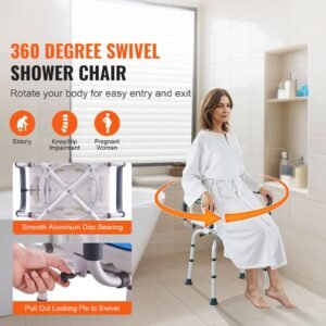 Swivel Shower Chair 360 Degree, Adjustable Shower Seat with Armrests and Backrest for Inside Shower or Bathtub, Non-Slip Rotating Bathtub Chair Seat for Elderly Disabled Injured, 400lbs Capacity