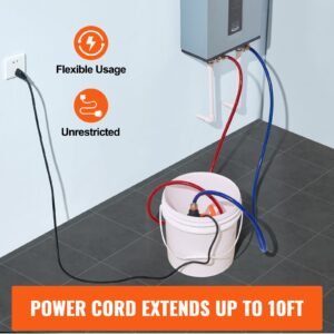 tankless water heater flushing kit, includes efficient pump & 3.7 gallon pail & 2 hoses, wrench and adapter for quick install, easy to start water heater flush descale kit anti corrosion