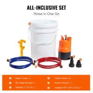 tankless water heater flushing kit, includes efficient pump & 3.7 gallon pail & 2 hoses, wrench and adapter for quick install, easy to start water heater flush descale kit anti corrosion