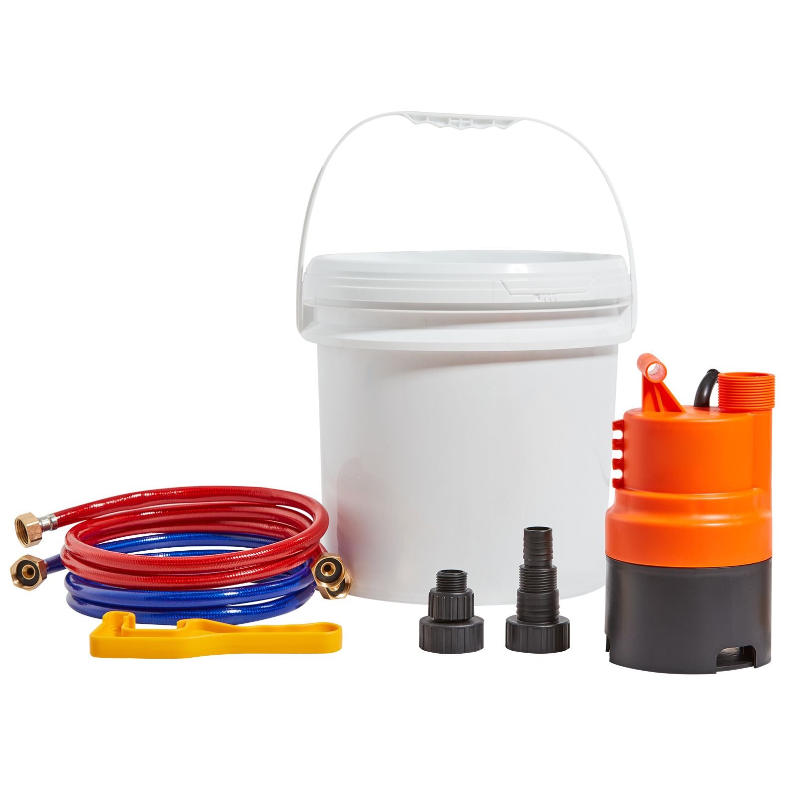 tankless water heater flushing kit, includes efficient pump & 3.7 gallon pail & 2 hoses, wrench and adapter for quick install, easy to start water heater flush descale kit anti corrosion