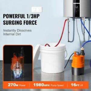 tankless water heater flushing kit, includes efficient pump & 3.7 gallon pail & 2 hoses, wrench and adapter for quick install, easy to start water heater flush descale kit anti corrosion