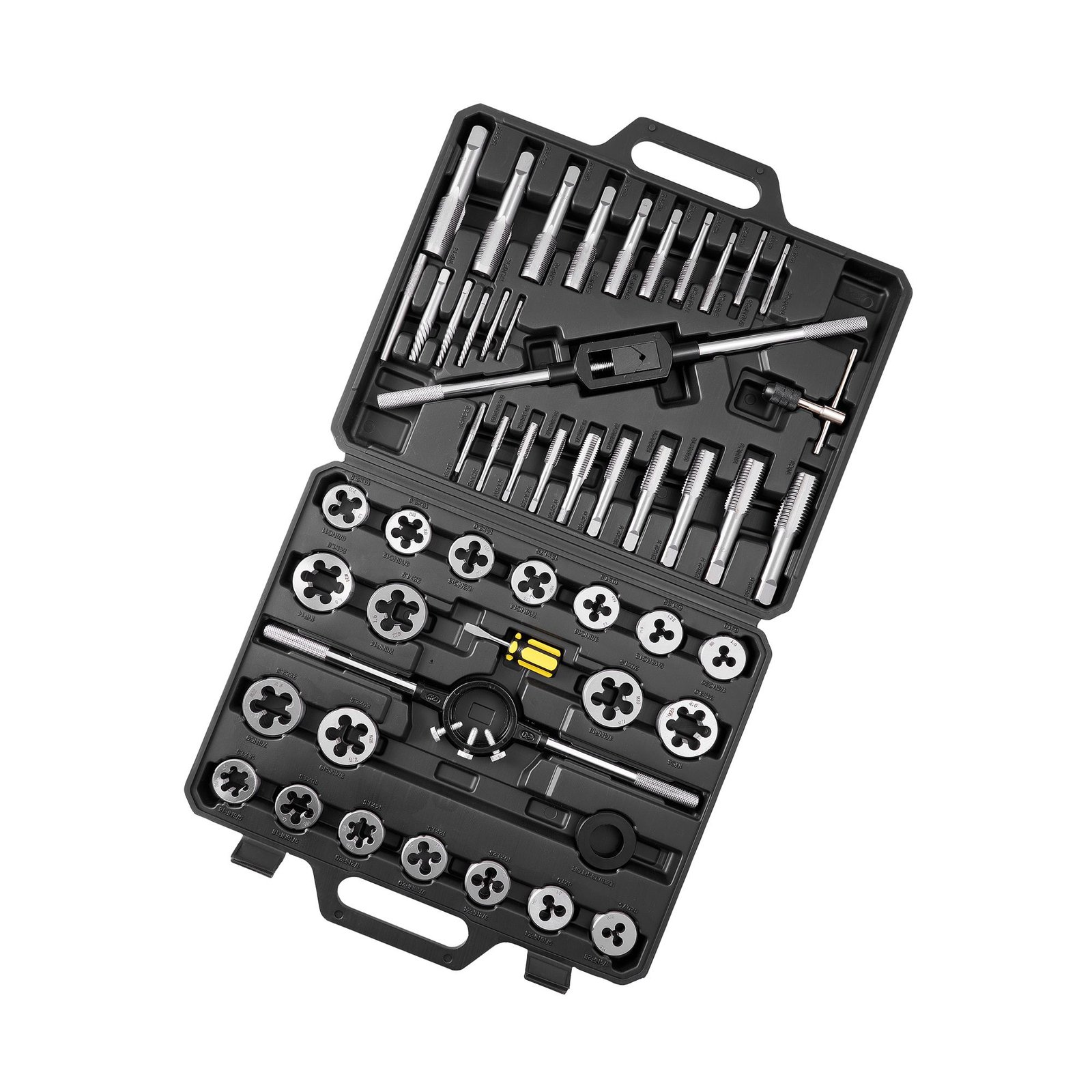 tap and die set 51 piece sae sizes 14 to 1 with coarse and fine thread taps and dies wrench carrying case and complete accessories bearing steel for threading and rethreading threads.jpg