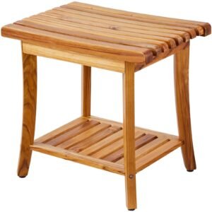 Teak Shower Bench, 20 x 14.3 x 17.9 in, Waterproof Wood Shower Stool with Storage Shelf Non-Slip Foot Pads, 400 lbs Maximum Load Capacity Shower Chair Seat, for Bathroom Indoor and Outdoor Use