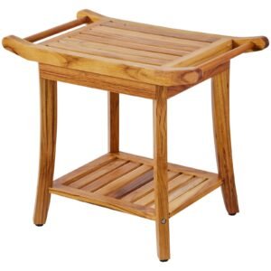 Teak Shower Bench, 22 x 14.4 x 18.5 in, Waterproof Wood Shower Stool with Storage Shelf Handle Non-Slip Feet, 300 lbs Maximum Load Capacity Shower Chair Seat, for Bathroom Indoor and Outdoor Use