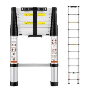 Telescoping Ladder, 10.5 FT Aluminum One-button Retraction Collapsible Extension Ladder, 375 LBS Capacity with Non-slip Feet, Portable Multi-purpose Compact Ladder for Home, RV, Loft, ANSI Liste