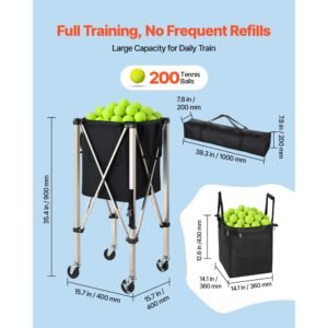 tennis ball hopper holds 200 tennis balls foldable pickleball basket cart with wheels for easy pick up stainless steel portable pickleball cart caddy with storage bag for training teaching 1.jpg