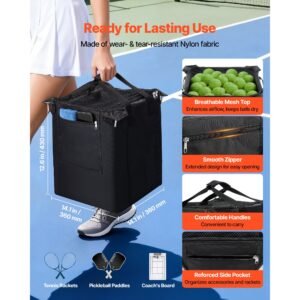 tennis ball hopper holds 200 tennis balls foldable pickleball basket cart with wheels for easy pick up stainless steel portable pickleball cart caddy with storage bag for training teaching 2.jpg