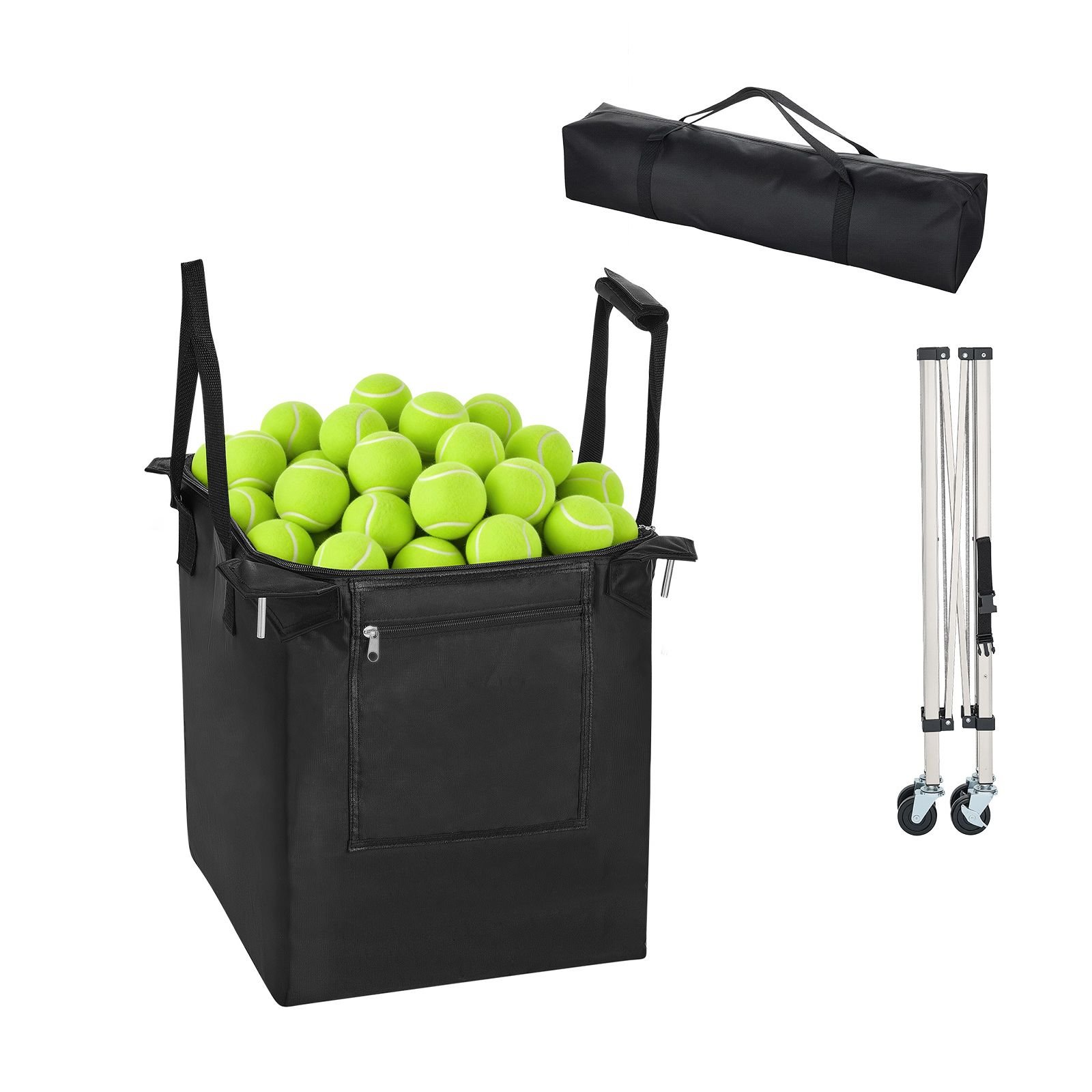 tennis ball hopper holds 200 tennis balls foldable pickleball basket cart with wheels for easy pick up stainless steel portable pickleball cart caddy with storage bag for training teaching.jpg