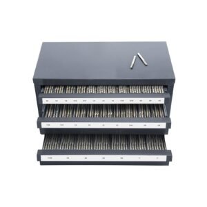 three drawer steel cabinet for end mill organization accommodates 18 to 1 features 29 compartments with labels stackable design for efficient storage.jpg