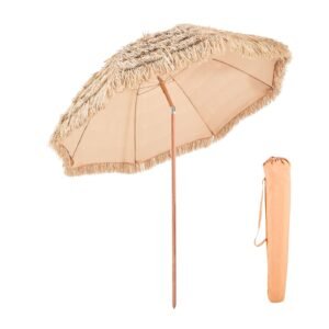 Tiki Umbrella, 8 ft Thatched Patio Umbrella with Tilt, Hawaiian Style Beach Parasol with Durable PP Thatch and 8 Metal Ribs, Grass Pool Umbrellas for Beach, Patio, Poolside, Backyard & Garden