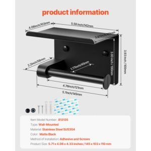 toilet paper holder with shelf fits mega rolls size stainless steel rustproof material wall mounted with screws and double sided tape toilet roll tissue holder for bathroom matte black 4.jpg