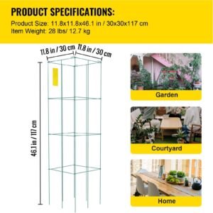 Tomato Cages, 11.8" x 11.8" x 46.1", 10 Packs Square Plant Support Cages, Green PVC-Coated Steel Tomato Towers for Climbing Vegetables, Plants, Flowers, Fruits