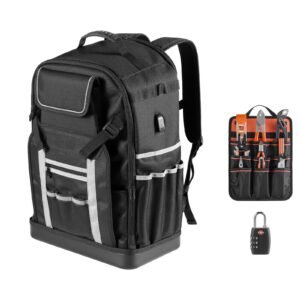 Tool Backpack, 56 Pockets, Heavy-duty Tools Storage Organizer Bags with Molded Base, Electrician Jobsite Backpack for Construction Jobsite, Electrician, Industrial, Repairman, and HVAC Techs