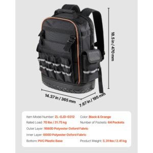 tool backpack 64 pockets heavy duty tools storage organizer work bags with laptop compartment molded base electrician jobsite backpack for electrician repairman and hvac techs 1.jpg