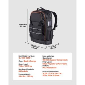 tool backpack 65 pockets heavy duty tools storage organizer work bags with laptop compartment molded base electrician jobsite backpack for electrician repairman and hvac techs 3.jpg