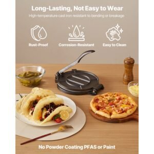 tortilla press 8 inch cast iron tortilla and roti maker heavy duty tortilladora press pataconera makers with handle and 100 pcs parchment paper dough taco press for flour tortilla tawa 5.jpg