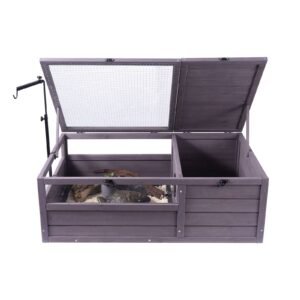 Tortoise Habitat, Wooden Tortoise House Indoor & Outdoor, Tortoise Enclosure with Adjustable Lamp Holder, 2-Room Reptile Enclosure Small Animal Cage for Gecko, Lizard, Snake 38x24x13 inch