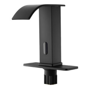 Touchless Bathroom Sink Faucet, Automatic Motion Sensor Waterfall Restroom Toilet Faucet with Hole Cover Plate, Battery Operated,Hot/Cold Water for 9/16 in Pipe Commercial Lavatory,Matte Black
