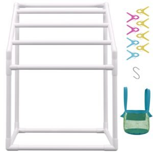 Towel Rack, 5 Bars Outdoor PVC Towel Holder, Freestanding Pool Towel Hanger Stand with Clips, Bag & Hook, Outdoor Indoor Quilt Drying Rack Organizer, Ideal for Poolside, Bathroom, Spa, White