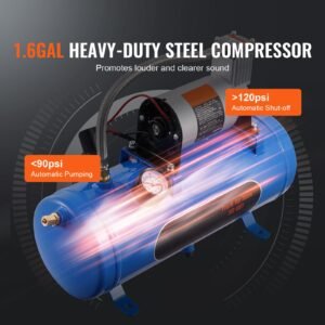 train horns kit, 4 trumpet air horn kit, 150db train horns for pickup trucks, 12v 120 psi air compressor 1.6 gal/6 l tank with gauge for any 12v vehicle car truck train van boat