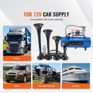 train horns kit, 4 trumpet air horn kit, 150db train horns for pickup trucks, 12v 120 psi air compressor 1.6 gal/6 l tank with gauge for any 12v vehicle car truck train van boat