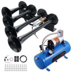 Train Horns Kit, 4 Trumpet Air Horn Kit, 150dB Train Horns for Pickup Trucks, 12V 120 psi Air Compressor 1.6 Gal/6 L Tank with Gauge for Any 12V Vehicle Car Truck Train Van Boat