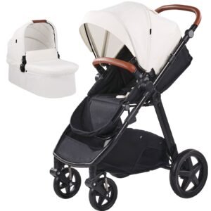 Travel System Stroller with Infant Bassinet, 2-in-1 Baby Cradle Stroller Combo, Reversible Seat, Easy One-button Folding, EVA Tires with Brake Aluminum Stroller Carseat Combo Set (White)