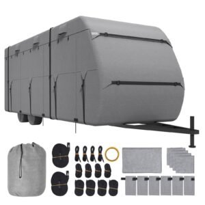 Travel Trailer Cover, 18-20 ft RV Cover, 4-Layer Non-Woven Fabric Camper Cover, Waterproof, Windproof and Rip-Stop Class A RV Cover, with Storage Bag, Repair Patches, Straps and Tire Covers