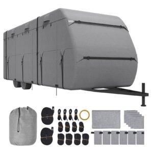 Travel Trailer Cover, 20-22 ft RV Cover, 4-Layer Non-Woven Fabric Camper Cover, Waterproof, Windproof and Rip-Stop Class A RV Cover, with Storage Bag, Repair Patches, Straps and Tire Covers