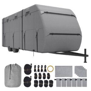 Travel Trailer Cover, 27-30 ft RV Cover, 4-Layer Non-Woven Fabric Camper Cover, Waterproof, Windproof and Rip-Stop Class A RV Cover, with Storage Bag, Repair Patches, Straps and Tire Covers