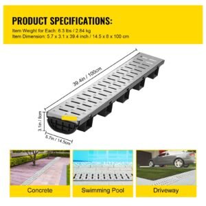 trench drain system channel drain with metal grate 57x31 inch hdpe drainage trench black plastic garage floor drain 5x39 trench drain grate with 5 end caps for garden driveway 5 pack 2.jpg