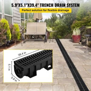 Trench Drain System, Channel Drain with Plastic Grate, 5.9x5.1-Inch HDPE Drainage Trench, Black Plastic Garage Floor Drain, 6x39 Trench Drain Grate, with 6 End Caps, for Garden, Driveway-6 Pack