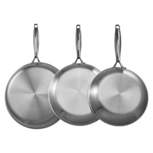 Tri-Ply Stainless Steel Frying Pan, 3 Pcs Set (8, 10, 12 in), Cooking Skillet with Heat-Resistant Handle, Chef's Kitchen Cookware, Oven, Gas, Electric, Induction, Dishwasher Compatible, Silver
