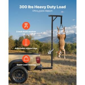 truck hitch game hoist, 300 lbs load capacity, hunting deer hoist with 2 inch receiver, 360 degree swivel shaft & adjustable height, includes gambrel winch for skinning & cleaning game