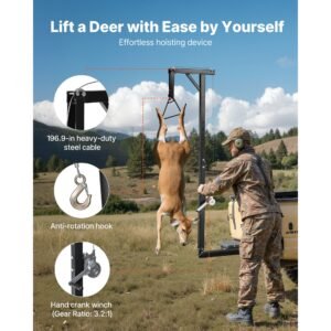 truck hitch game hoist, 300 lbs load capacity, hunting deer hoist with 2 inch receiver, 360 degree swivel shaft & adjustable height, includes gambrel winch for skinning & cleaning game