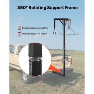 truck hitch game hoist, 300 lbs load capacity, hunting deer hoist with 2 inch receiver, 360 degree swivel shaft & adjustable height, includes gambrel winch for skinning & cleaning game