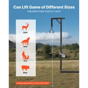 truck hitch game hoist, 300 lbs load capacity, hunting deer hoist with 2 inch receiver, 360 degree swivel shaft & adjustable height, includes gambrel winch for skinning & cleaning game