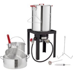 Turkey Deep Fryer, 30-qt Turkey & 10-qt Fish Steamer Cooker Set, Outdoor Aluminum Seafood Frying Pot, 54,000 BTU Burner Propane Gas Boiler, Includes Baskets, Perforated Poultry Rack, Thermometer