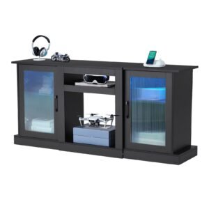 tv stand for tvs up to 65 inch modern entertainment center with light strip wooden tv cabinet storage with glass doors and adjustable shelves console table for living room and bedroom black 2.jpg
