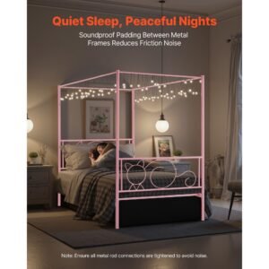 twin size canopy bed frame metal canopy bed with minimalist headboard four posters design heavy duty steel slats support underbed storage space no box spring needed easy assembly pink 5.jpg