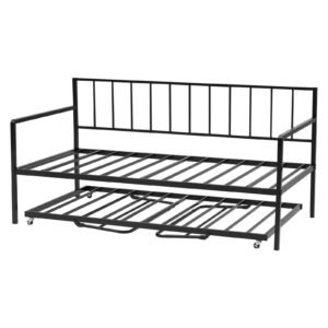 Twin Size Daybed Frame, Height Adjustable Day Bed with Trundle, Heavy Duty Metal Platform Bed Frame with LED Light and Charging Station, Twin Daybed with Metal Slats for Living Room, Bedroom