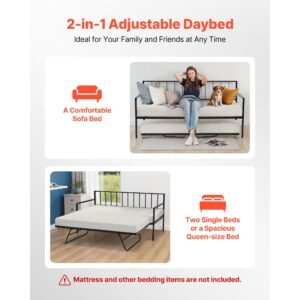 twin size daybed frame, height adjustable day bed with trundle, heavy duty metal platform bed frame with led light and charging station, twin daybed with metal slats for living room, bedroom
